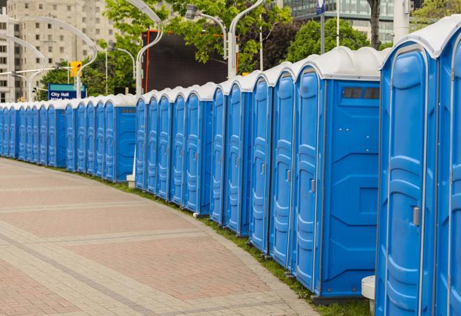 a row of portable restrooms at an outdoor special event, ready for use in Brooklyn, MD